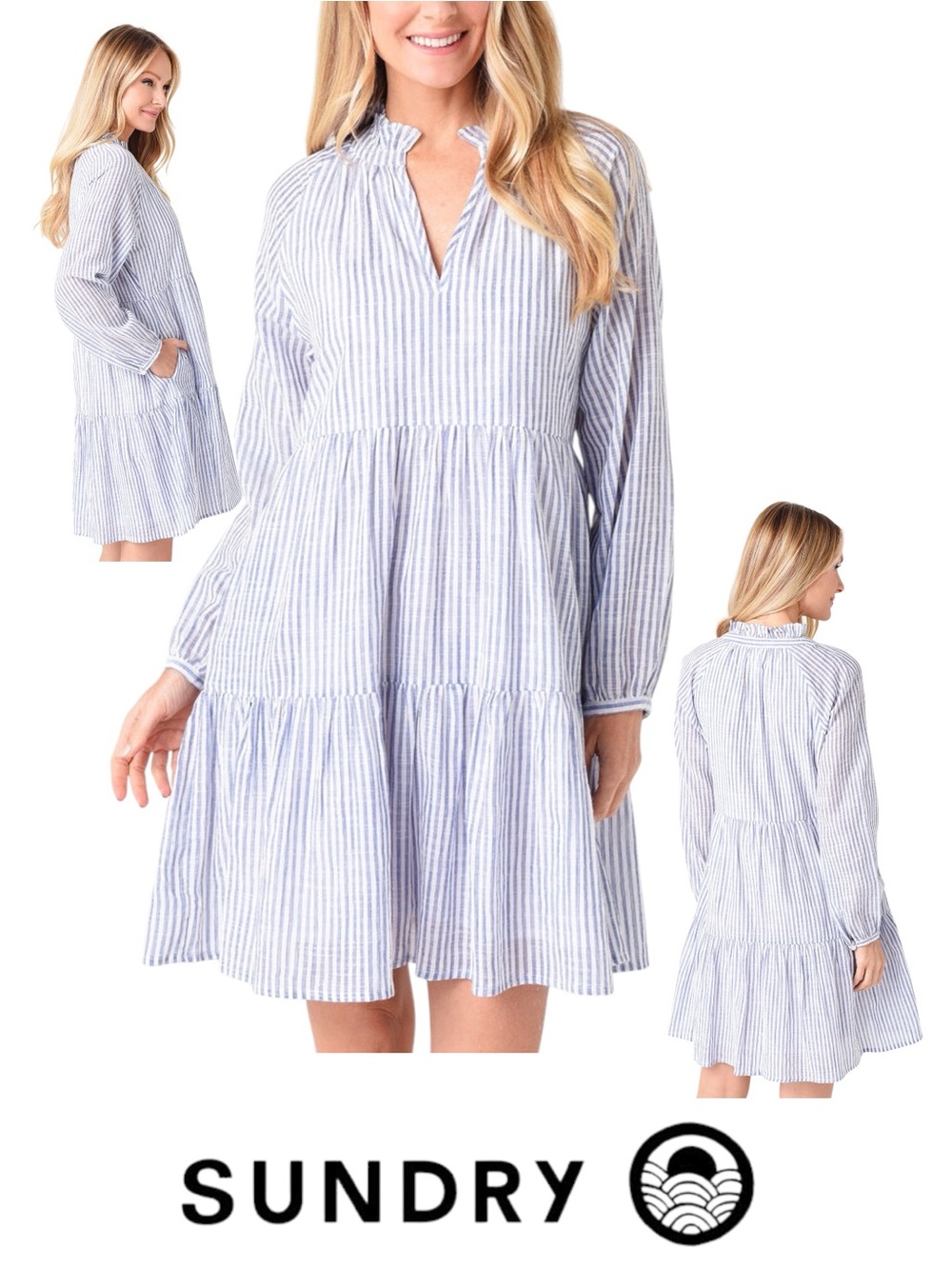 SUNDRY Women's Blue White Striped Tiered Ruffle Mini Dress Long Sleeve Size 0